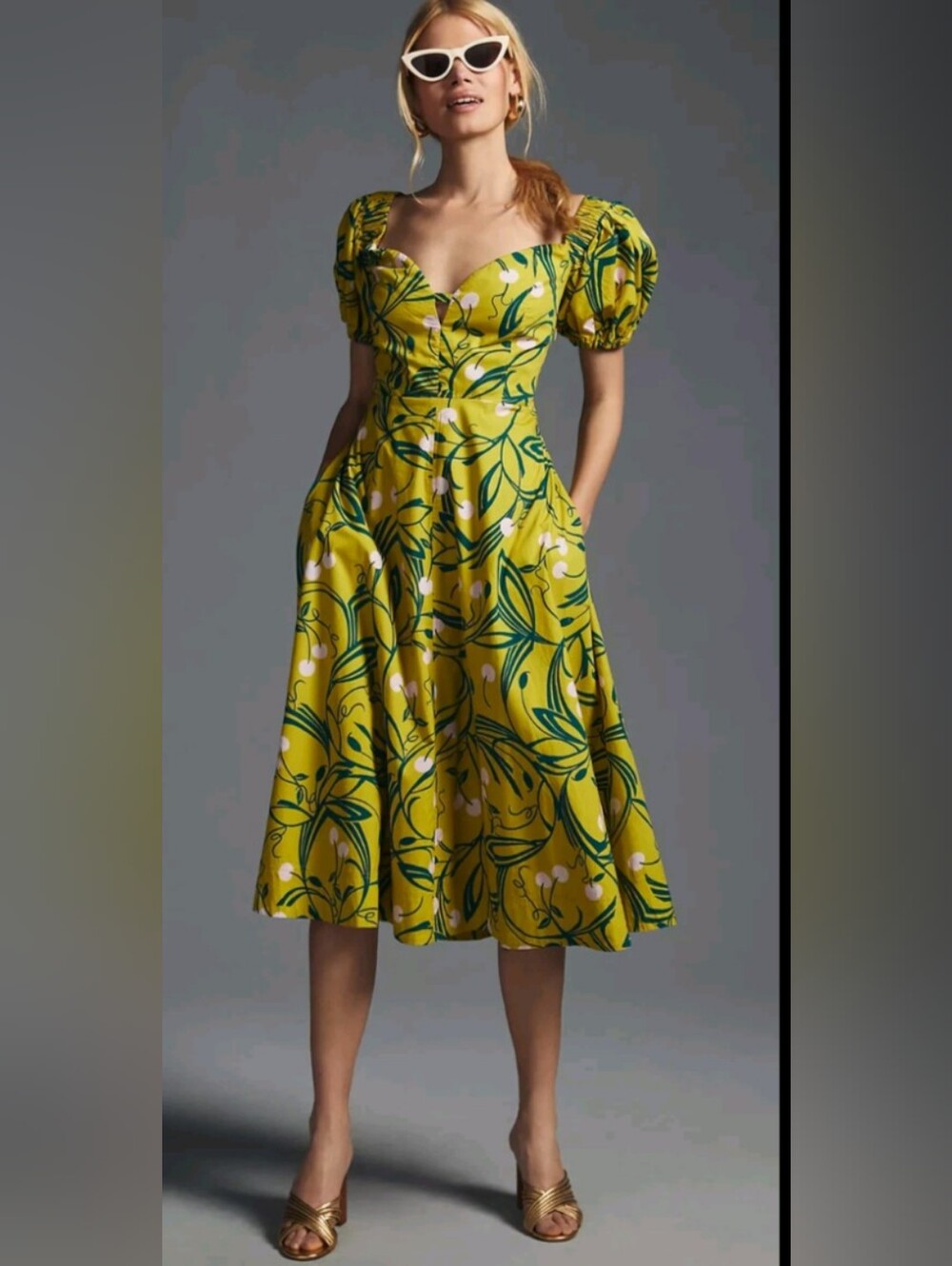 Anthropologie Maeve Puff Sleeve Sweetheart Dress Size 12 Chartreuse Cherry Print